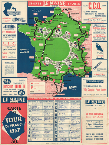 1957 Tour de France Map Poster