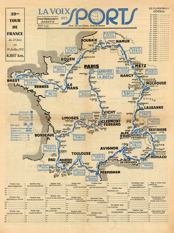 1952 Tour de France Map Poster La Voix des Sports