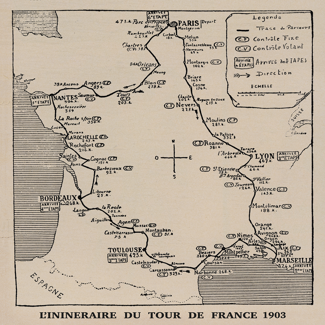 1900年代初頭フランス アンティーク地図 自転車 ロードマップ/K662 1903 Tour de France Map Poster – MOLTENI CYCLING