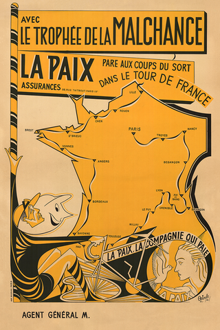 1954 La Paix Tour de France Map Poster