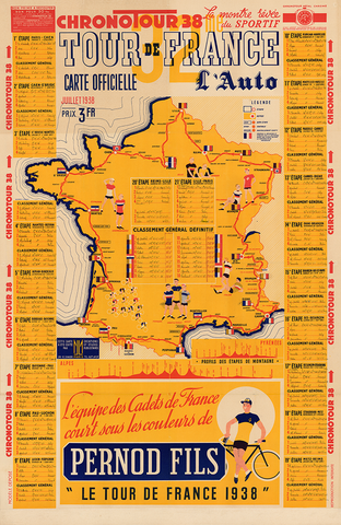 1938 Tour de France Map Poster
