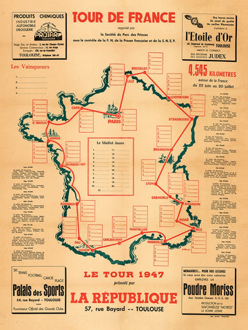 1947 Tour de France Map Poster