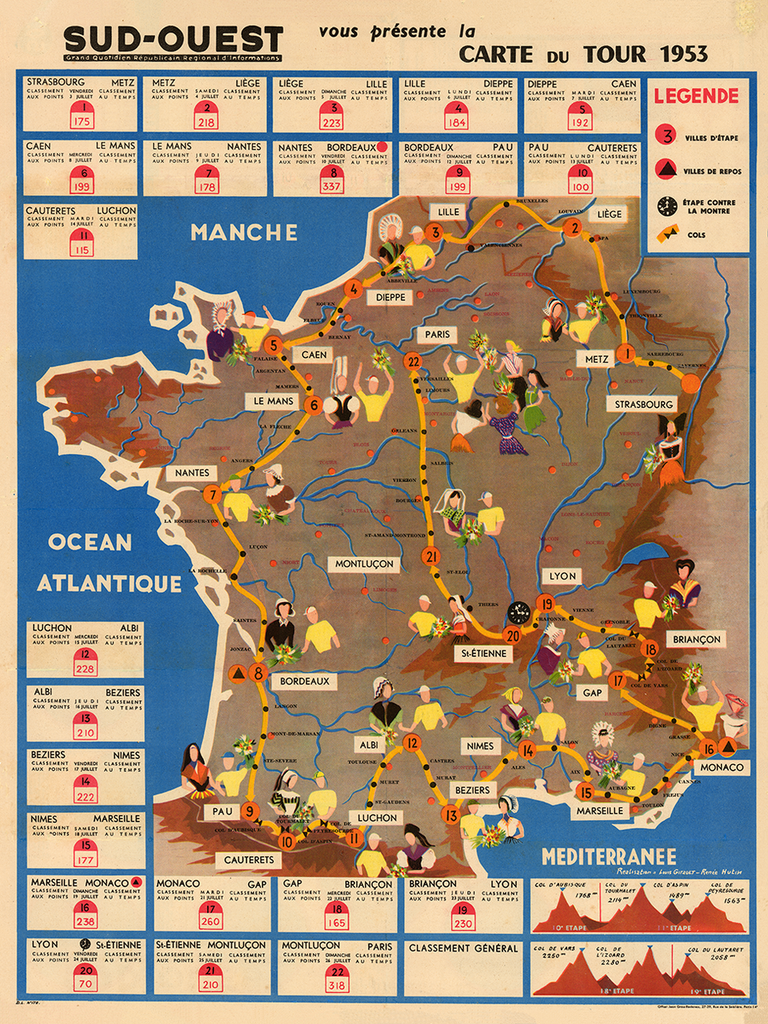 1953 Tour de France Map Poster