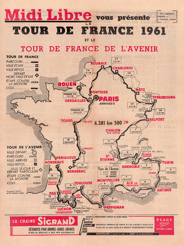 1961 Midi Libre Tour de France Map Poster
