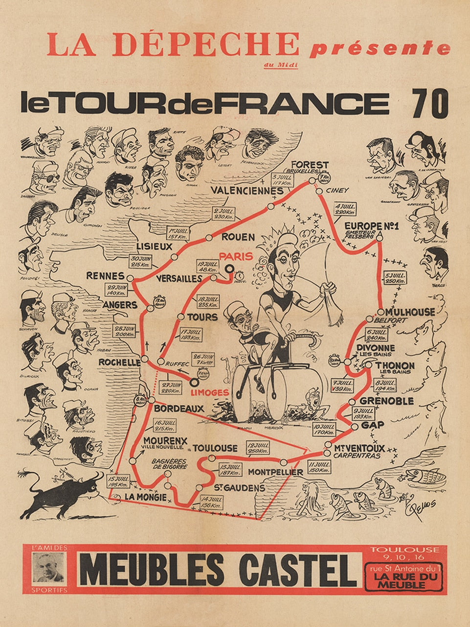 Bicycle Art Poster Eddy Merckx 1970 Tour de France Map – MOLTENI